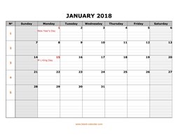 printable monthly calendar 2018 large box grid, space for notes