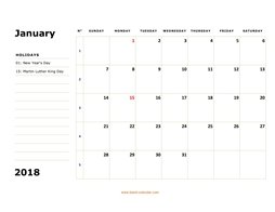 printable monthly calendar 2018, large box, space for notes