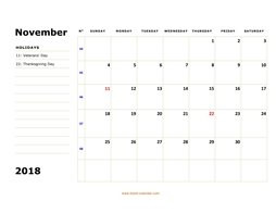 printable november calendar 2018 large box space notes