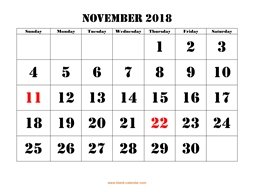 Printable November 2018 Calendar, large font design , holidays on red (horizontal)