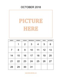 printable october 2018 calendar, pictures can be placed at the top