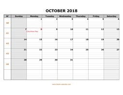 printable october 2018 calendar large box grid, space for notes