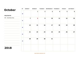 printable october 2018 calendar, large box, space for notes