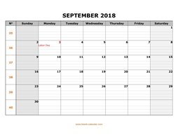 Printable September 2018 Calendar, large box grid, space for notes (horizontal)