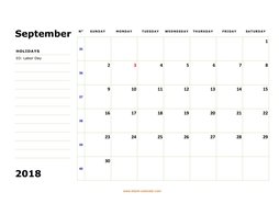 printable september 2018 calendar, large box, space for notes