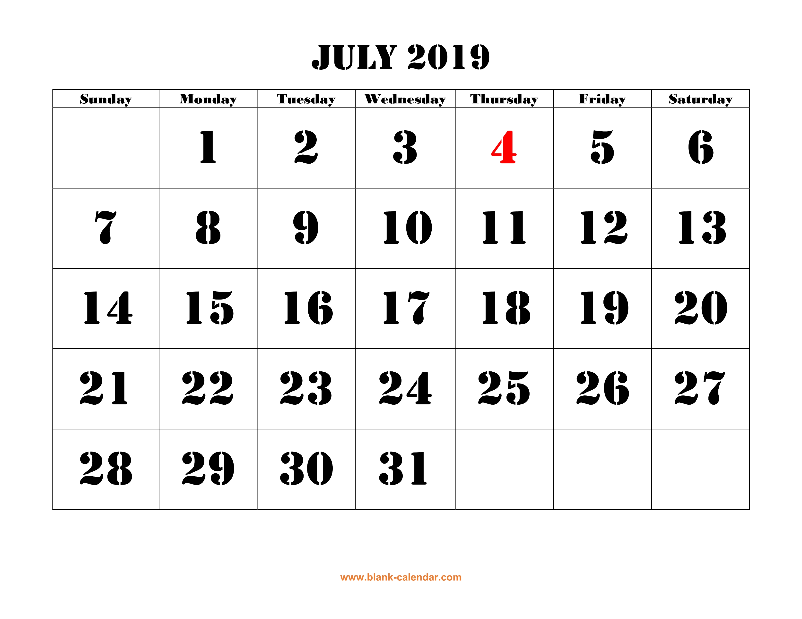 Free Download Printable July 2019 Calendar Large Font Design Holidays On Red