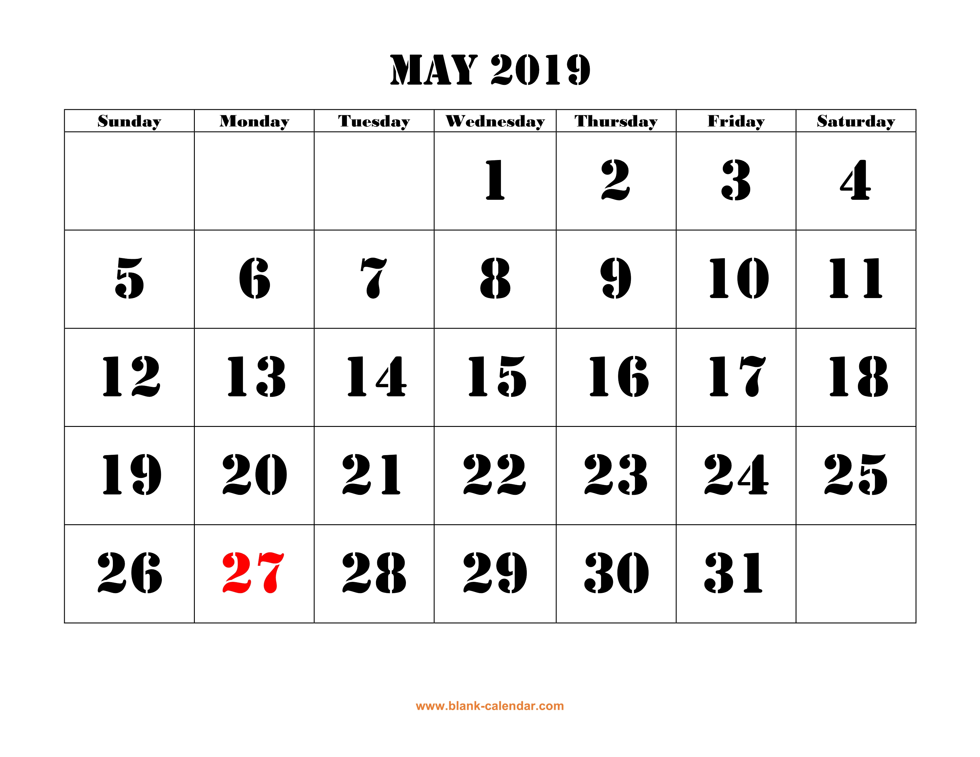 May 19 Printable Calendar Free Download Monthly Calendar Templates