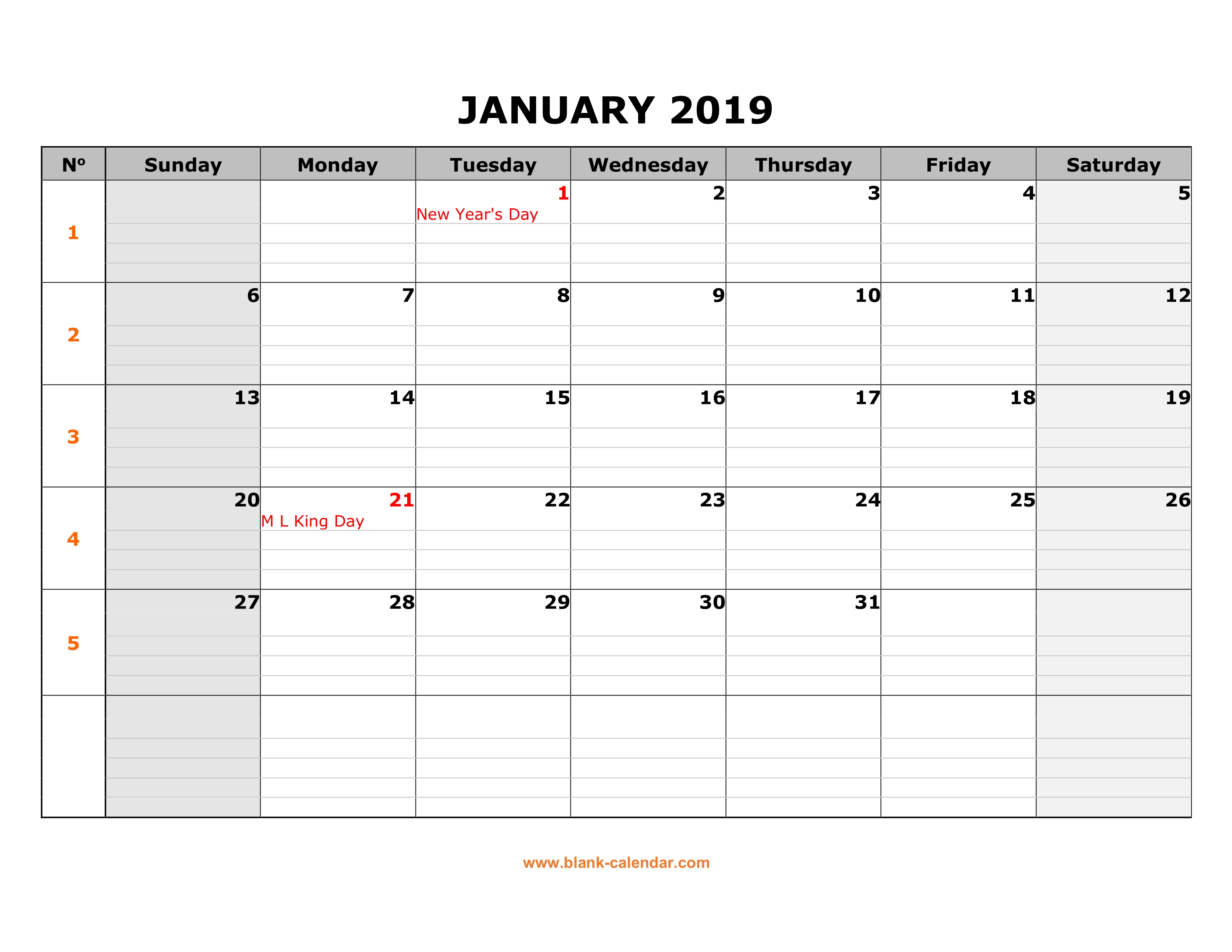Free Download Printable Calendar 2019, large box grid, space for notes