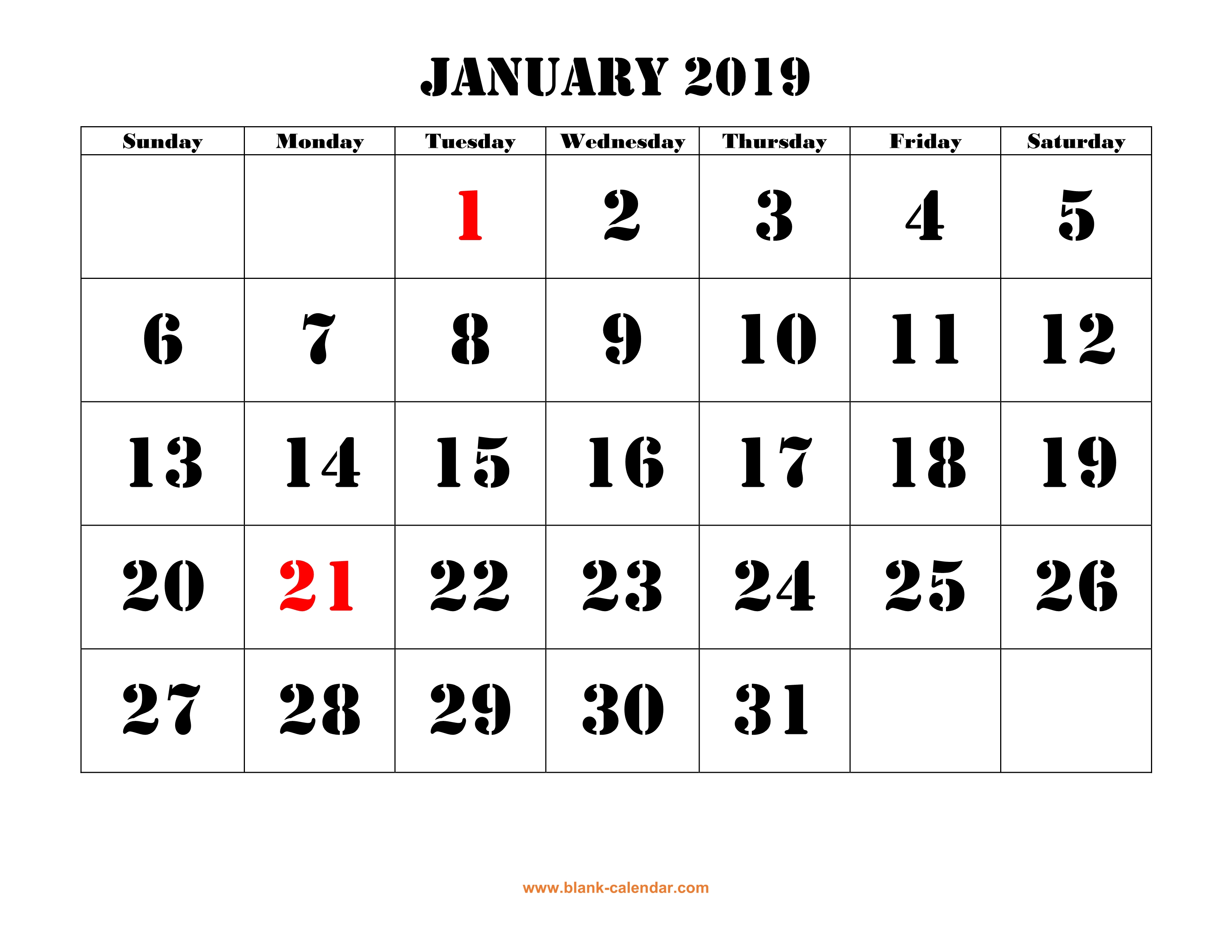 Free Download Printable Calendar 2019 Large Font Design