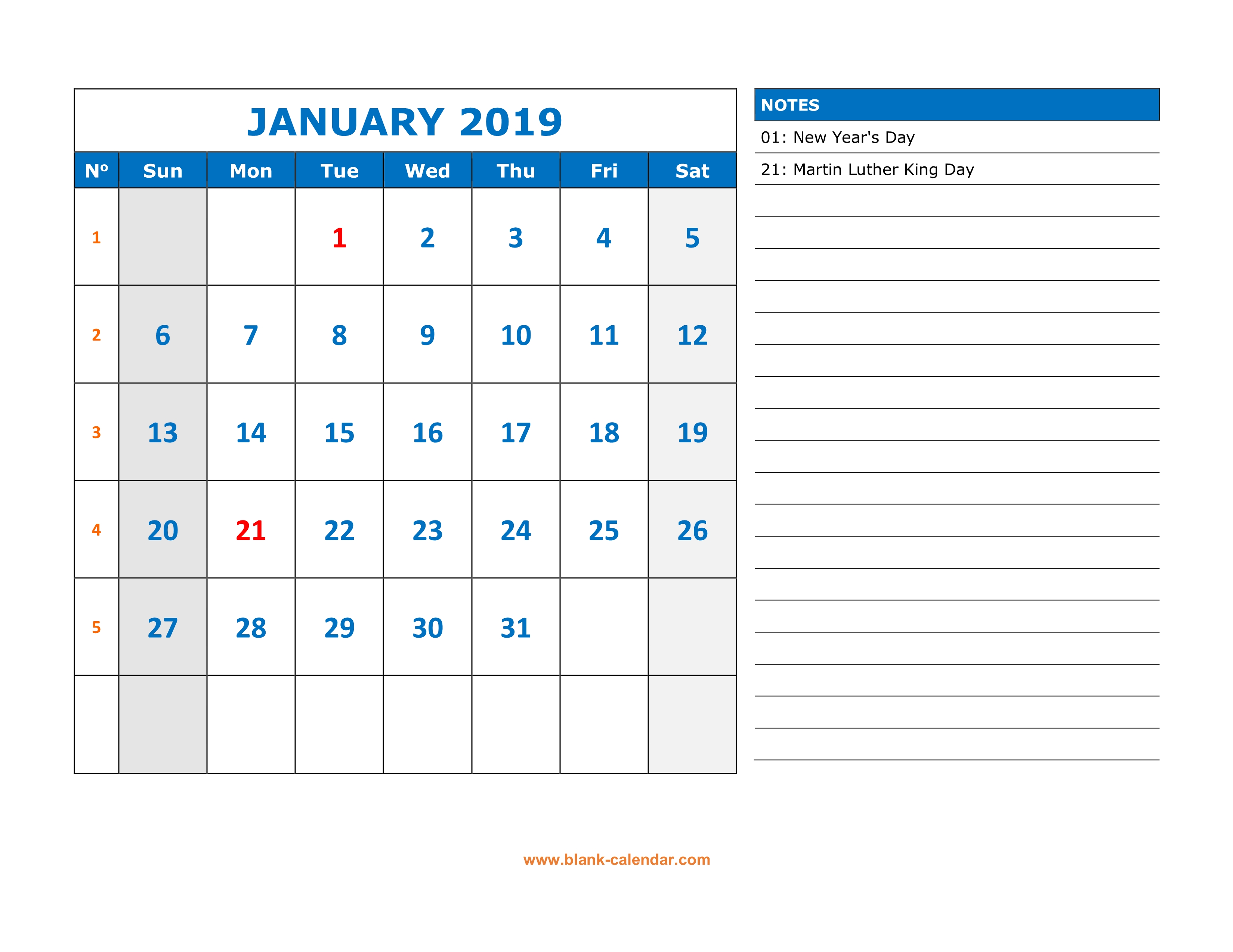 Printable Calendar 2019 With Notes