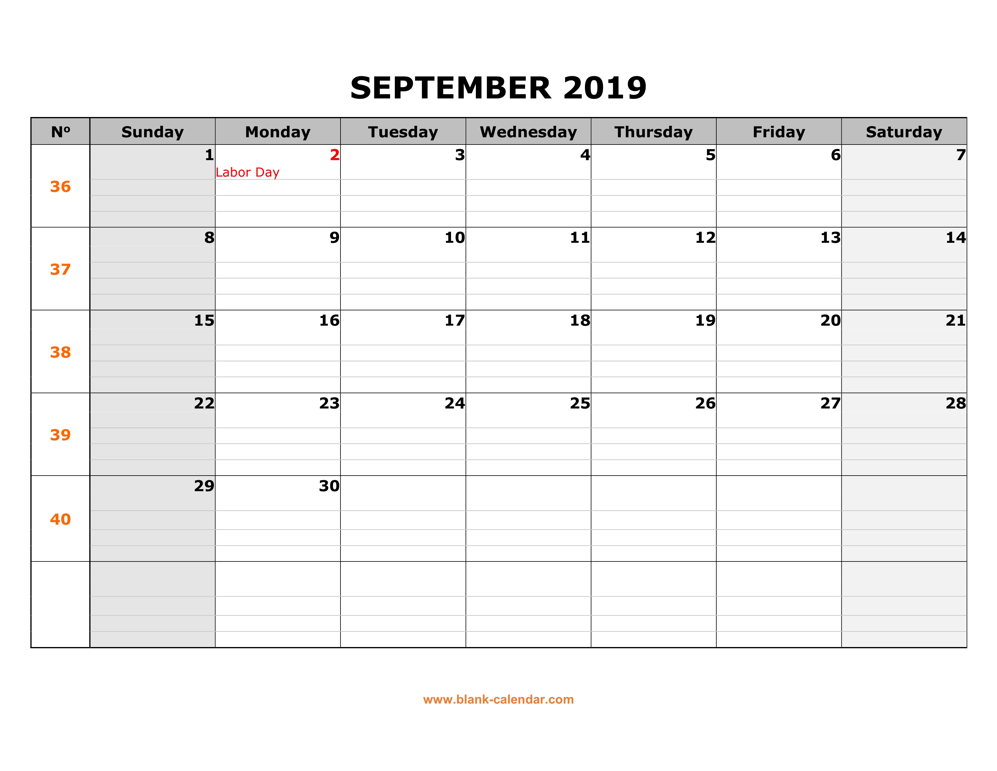 Free Download Printable September 2019 Calendar, large box grid, space ...