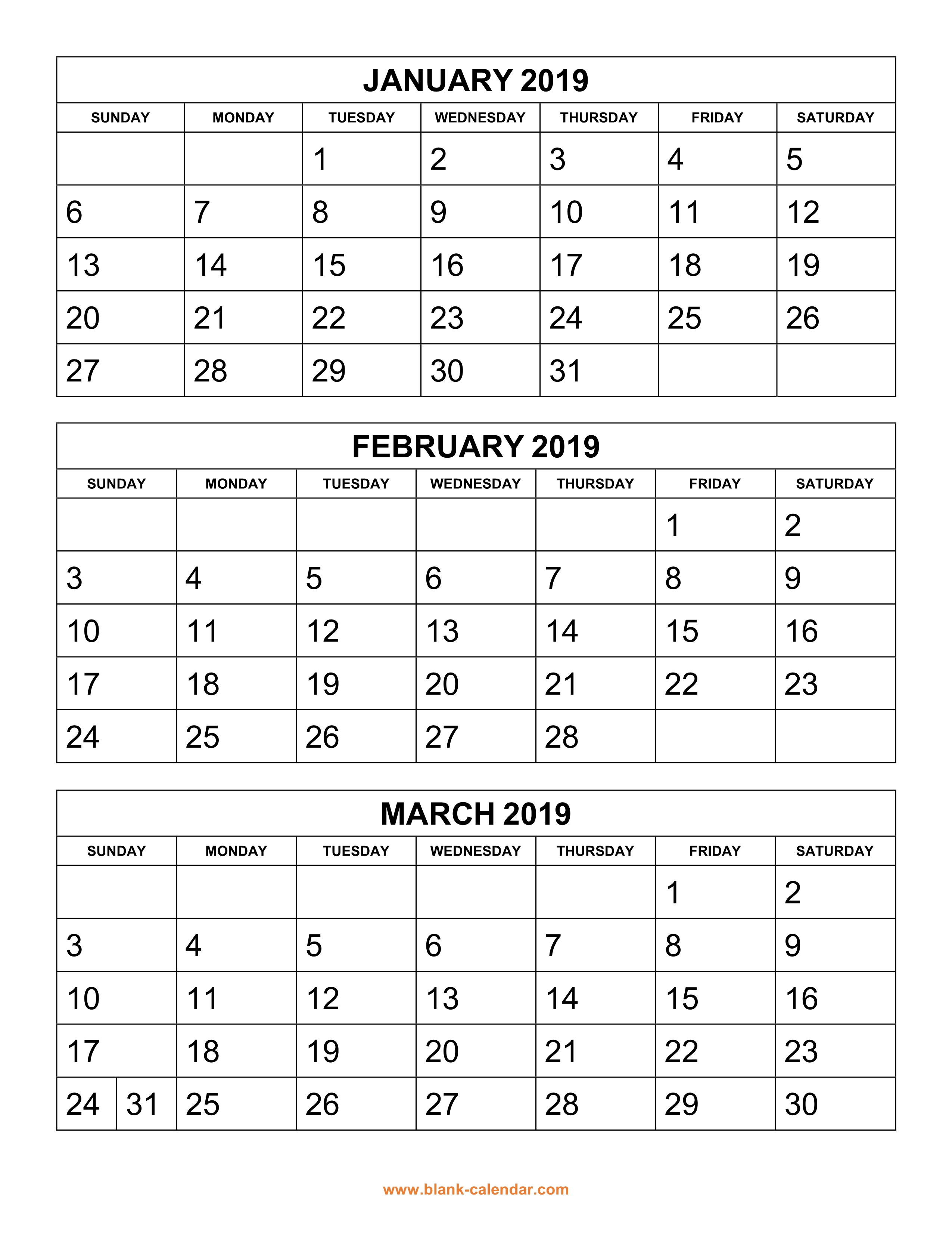 Free Download Printable Calendar 2019, 3 months per page, 4 pages
