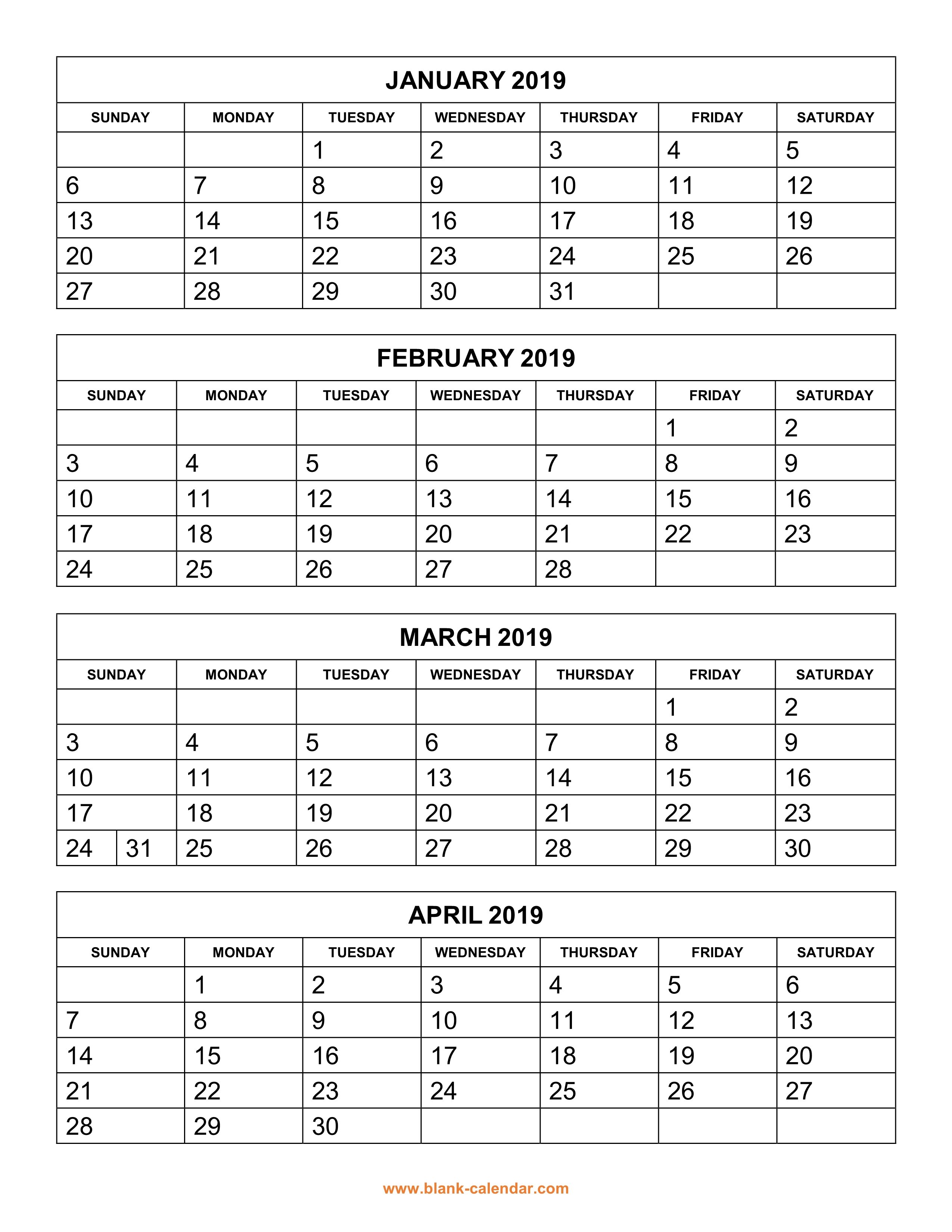free-download-printable-calendar-2019-4-months-per-page-3-pages