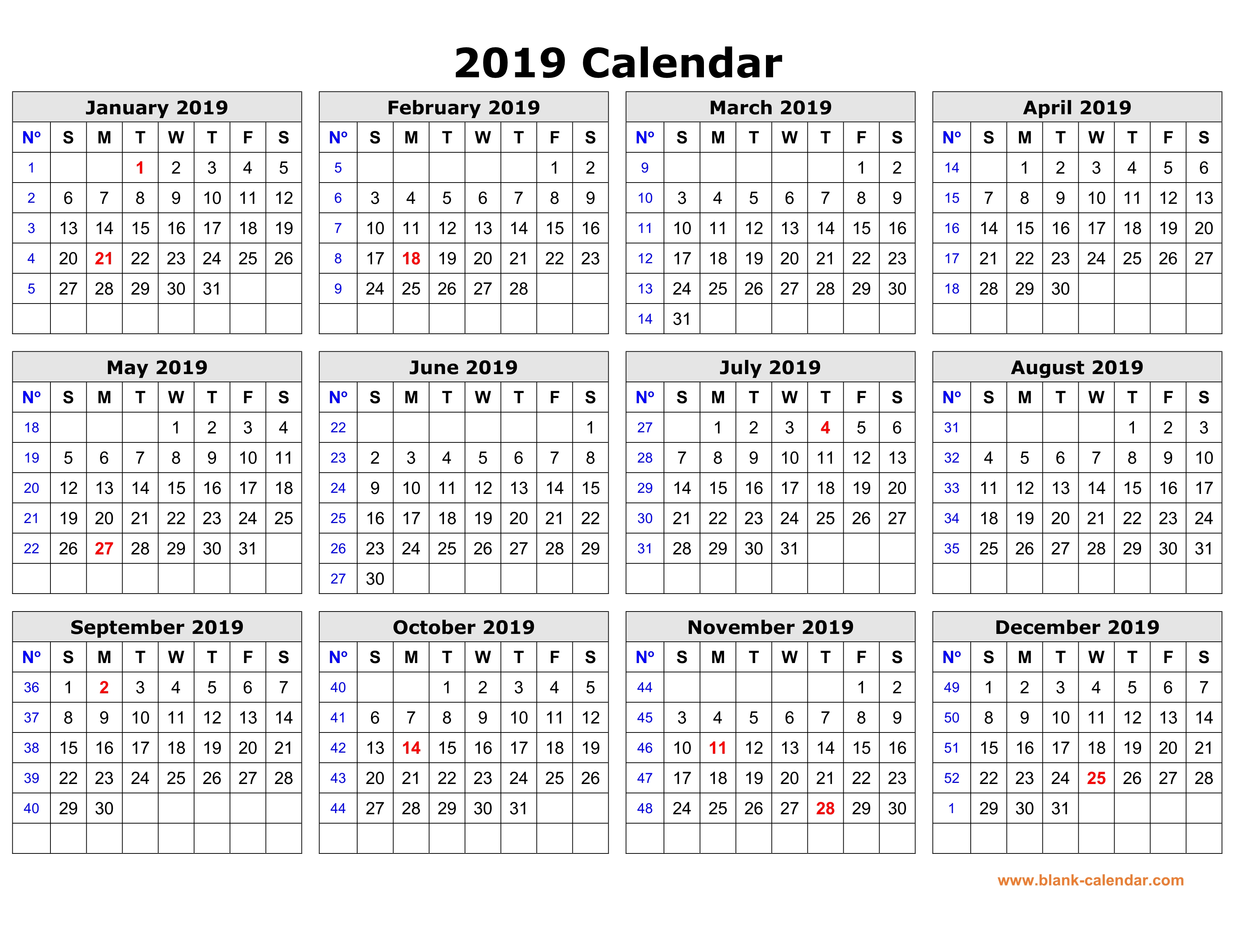 Free Printable 2019 Yearly Calendar On One Page