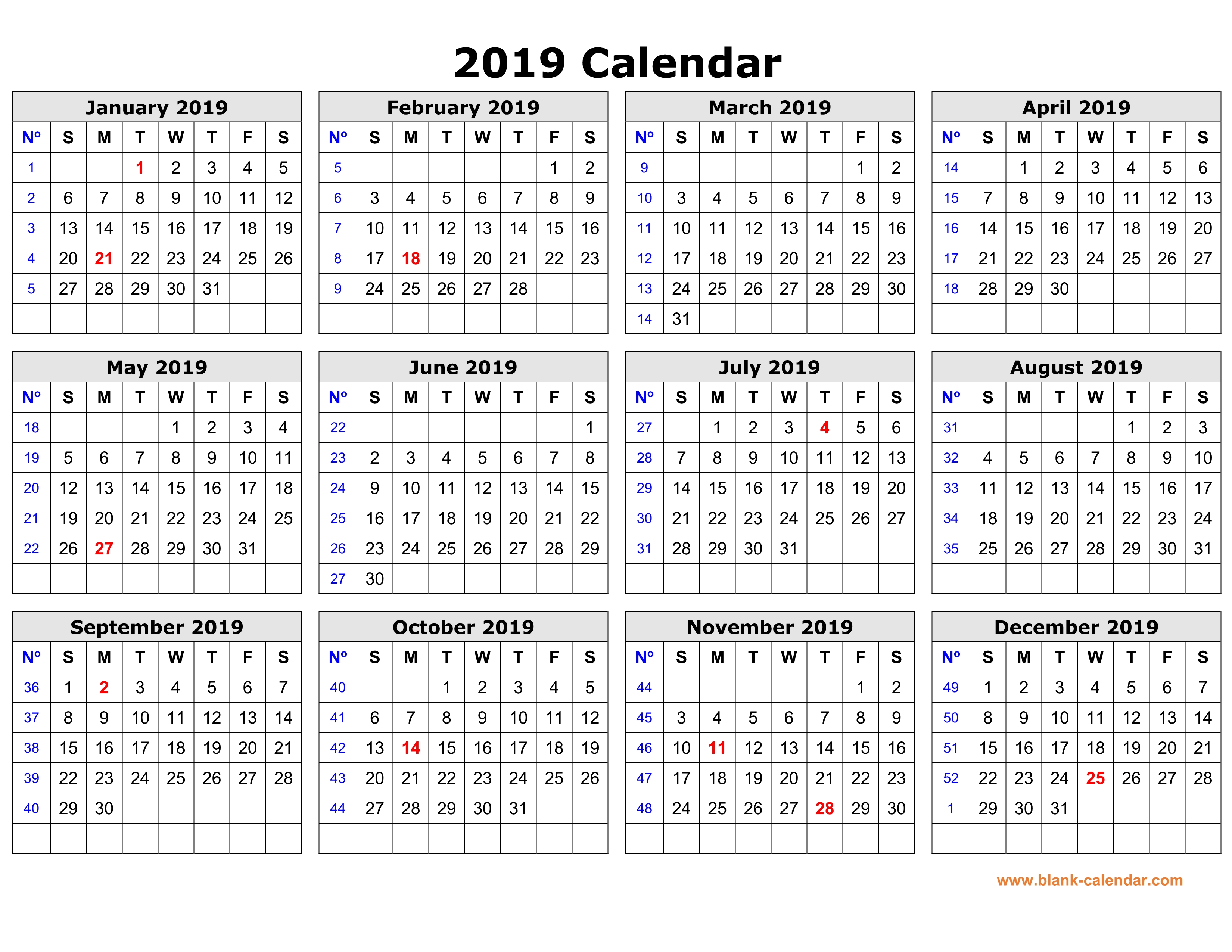 Year Calendar 2019 Print Out