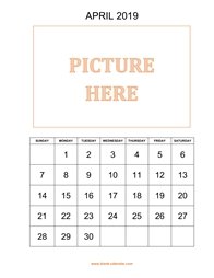printable april 2019 calendar, pictures can be placed at the top