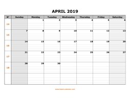 Printable April 2019 Calendar, large box grid, space for notes (horizontal)