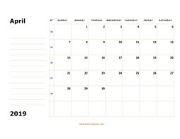 Printable April 2019 Calendar, large box, Federal Holidays listed, space for notes (horizontal)