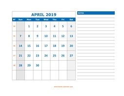 Printable April 2019 Calendar, large space for appointment and notes (horizontal)
