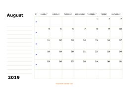 printable august calendar 2019 large box space notes