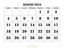 Printable August 2019 Calendar, large font design , holidays on red (horizontal)