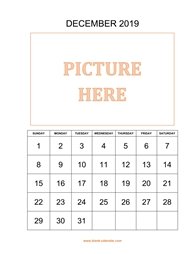 printable december 2019 calendar, pictures can be placed at the top