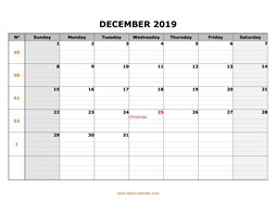printable december 2019 calendar large box grid, space for notes