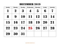 Printable December 2019 Calendar, large font design , holidays on red (horizontal)