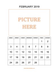 printable february 2019 calendar, pictures can be placed at the top