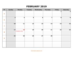 printable february 2019 calendar large box grid, space for notes
