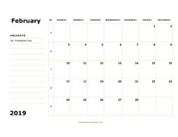 printable february 2019 calendar, large box, space for notes