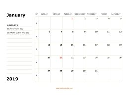 Printable January 2019 Calendar, large box, Federal Holidays listed, space for notes (horizontal)