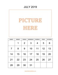 Printable July 2019 Calendar, pictures can be placed at the top