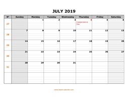 printable july 2019 calendar large box grid, space for notes