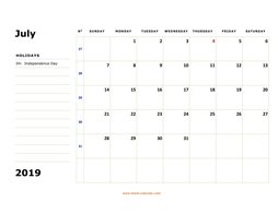 Printable July 2019 Calendar, large box, Federal Holidays listed, space for notes (horizontal)