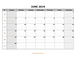Printable June 2019 Calendar, large box grid, space for notes (horizontal)