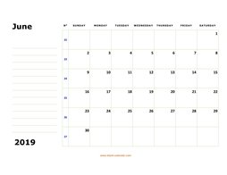 printable june calendar 2019 large box space notes
