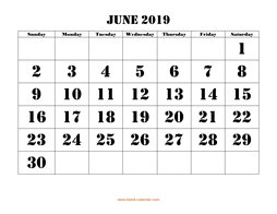 Printable June 2019 Calendar, large font design , holidays on red (horizontal)