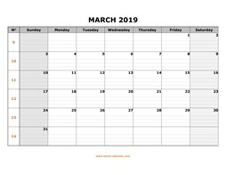 Printable March 2019 Calendar, large box grid, space for notes (horizontal)