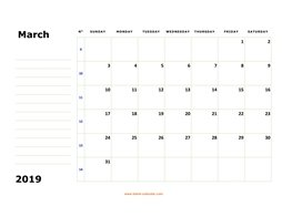 printable march 2019 calendar, large box, space for notes