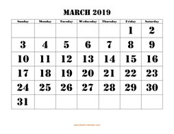 Printable March 2019 Calendar, large font design , holidays on red (horizontal)