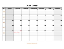 Printable May 2019 Calendar, large box grid, space for notes (horizontal)