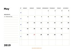 printable may calendar 2019 large box space notes