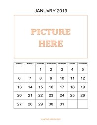 Printable Calendar 2019, pictures can be placed at the top