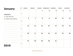 Printable Calendar 2019, large box, Federal Holidays listed, space for notes (12 pages, horizontal)