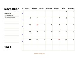 Printable November 2019 Calendar, large box, Federal Holidays listed, space for notes (horizontal)