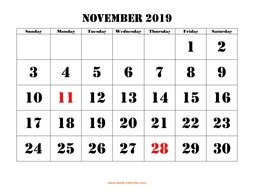 Printable November 2019 Calendar, large font design , holidays on red (horizontal)