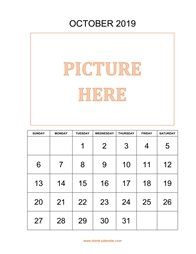 printable october 2019 calendar, pictures can be placed at the top