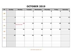 printable october 2019 calendar large box grid, space for notes