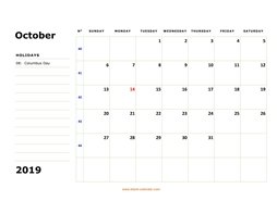 printable october 2019 calendar, large box, space for notes